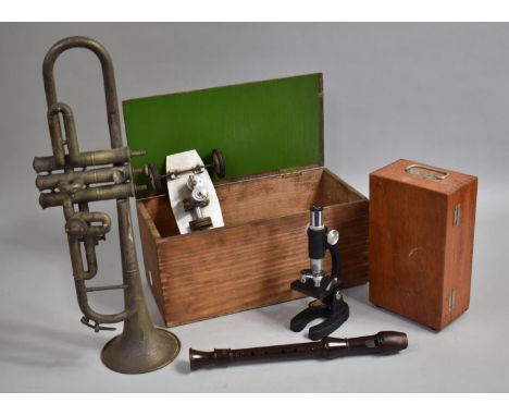 A Collection of Sundries to Include Trumpet (AF), Recorder, Part Scratch Built Racing Car, Child's Cased Microscopes, All In 