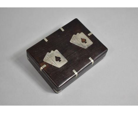 A Modern Ebonised Card Box, with Silver Plated Inlay, Two Division Interior with Playing Cards, 16cm wide 