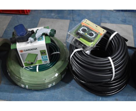 A Collection of New and Unused Garden Irrigation Sundries to Include Hose Pipes, Gardena Ventilation Box, Electric Watering T