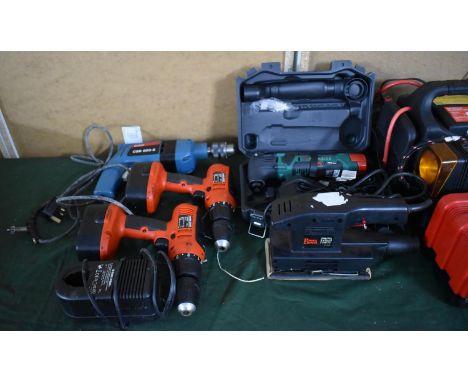 A Collection of Electric Drills, Orbital Sander, Electric Chain Saw Sharpener etc 