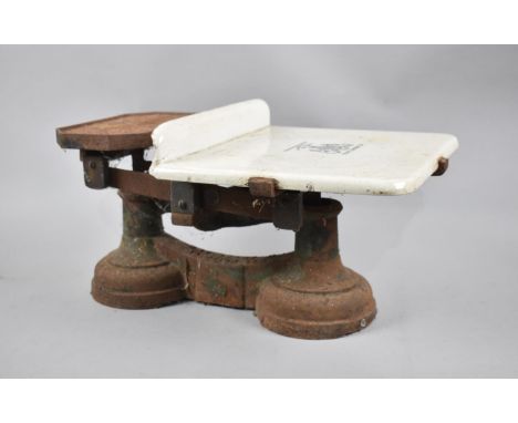 A Set of Vintage Cast Iron Vegetable Scales with Ceramic Plate, Inscribed W &amp; T Avery, 42cm Long 