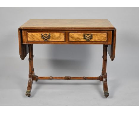 A Reproduction Burr Walnut Drop Leaf Miniature Sofa Table with Two Drawers, One Hinged Support Requires Fixing, 64cm wide 