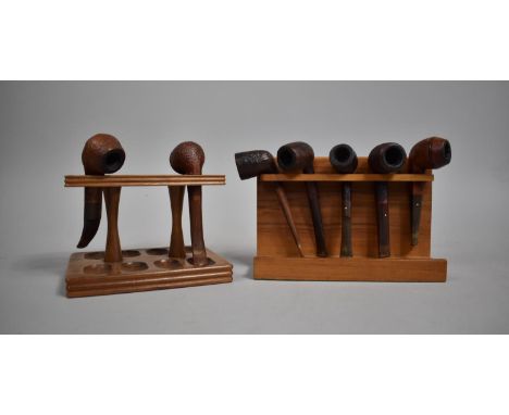 Two Vintage Wooden Pipe Racks Containing Seven Vintage Briar Pipes to Include Examples by Dunhill 