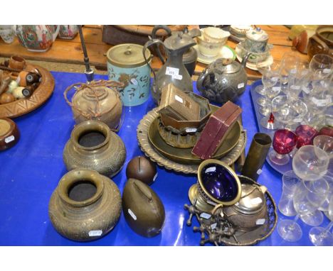 Group of metal wares including a pair of Middle Eastern style brass vases, biscuit barrel with ceramic body, further metal ju