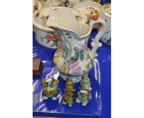Large Chinese ceramic jug with bird decoration and three smaller pottery animals