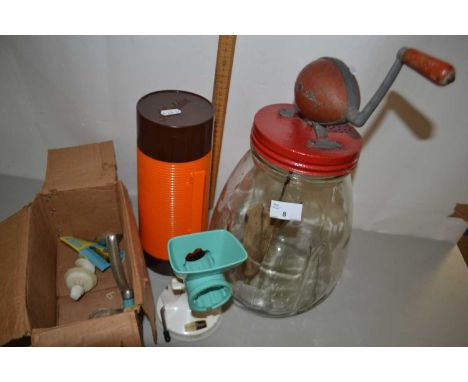 Large glass mixing jar with vintage wood and metal handle, flask and a further vintage mincer