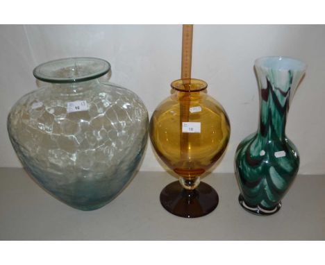 Group of Art Glass wares including a large glass bulbous vase, a vase with a green streak design and further vase