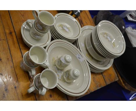 Quantity of table wares made by Royal Doulton in the Florinda pattern comprising dinner plates, side plates, bowls, six cups 