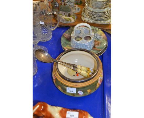 Ceramic salad bowl and servers with plated rim together with two Royal Doulton collectors plates