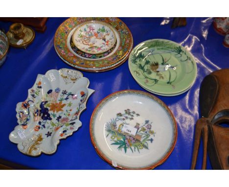 Further group of ceramic items including a shaped Masons dish, two Japanese plates, the ground decorated with birds, further 