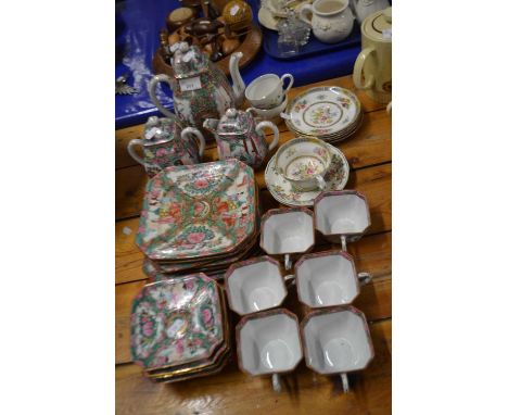 Early 20th Century Cantonese style porcelain tea set comprising teapot, milk jug, sugar bowl with covers, six cups and saucer