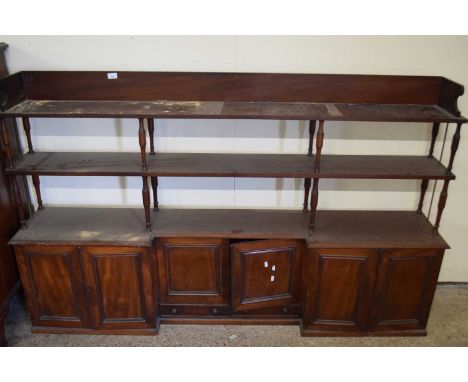 Mahogany finish over desk or over mantel storage and shelf unit, width approx 180cm