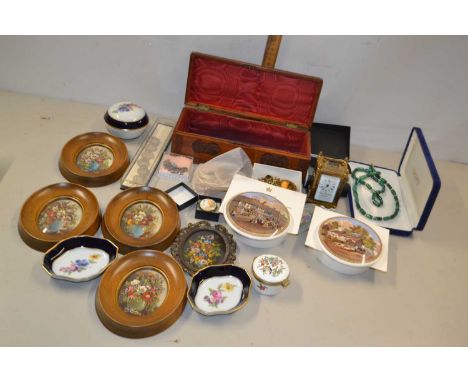 Mixed Lot:  Two Coalport pot lids and dishes, quantity of costume jewellery, oval framed miniatures, wooden box, miniature ca