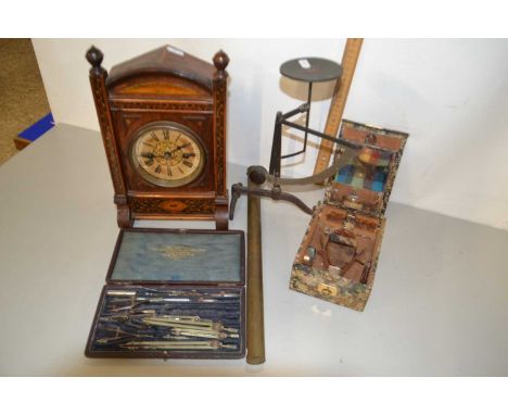 Wooden mantel clock, 1920's brush set and box set of technical drawing instruments