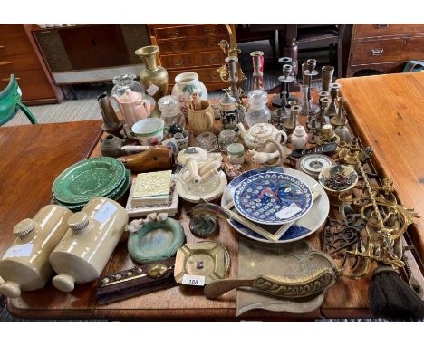 Vintage brass and copper including candlesticks, ceramic tiles and other items