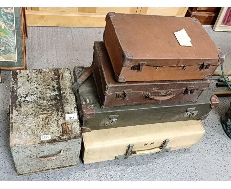 Four vintage suitcases and ammo box