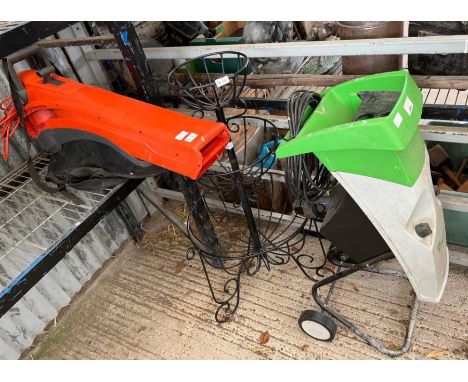 Electric leaf blower, electric shredder and a 3 tier metal garden planter 