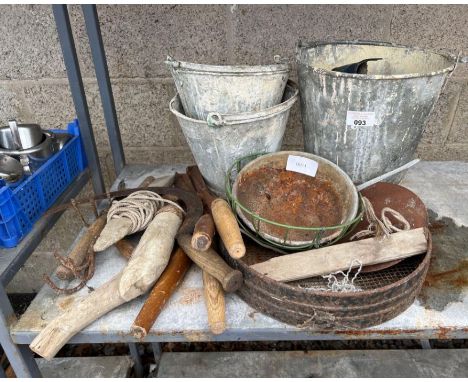 Galvanised buckets, hand tools and other items