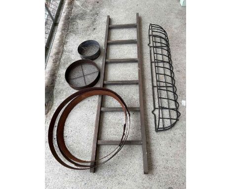 Wooden display ladder, metal plant basket, 2 metal sieves and other items