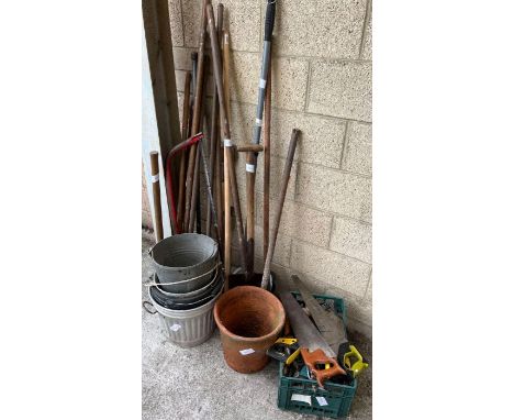 Hand tools, galvanised bucket, terraccotta pot and other items
