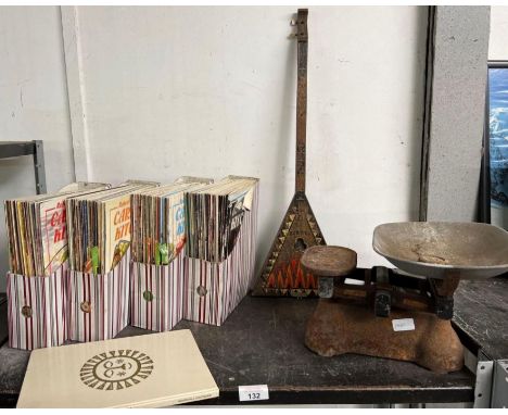 Set of Avery scales, Duo Lika musical instrument and Carriers Kitchen magazines 
