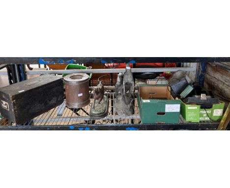 Vintage surveying equipment, pressure gauges, spelter figure of a horse and dog and other items