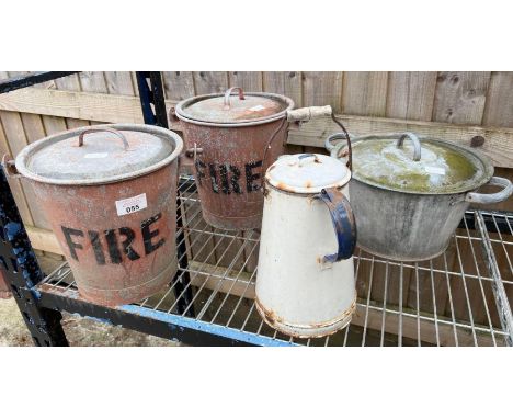 2 galvanised fire buckets, enamel jug with lid and one other galvanised pan with lid 