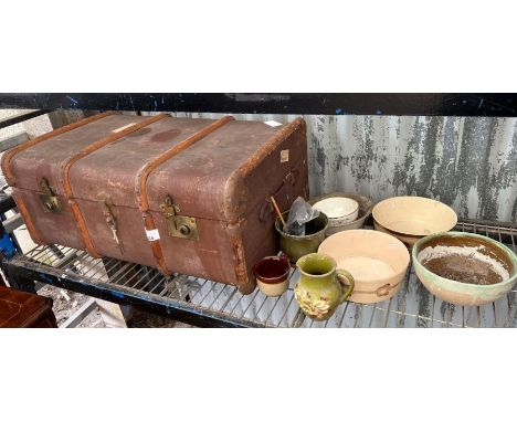 Vintage wooden ribbed trunk along with various ceramics