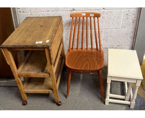 Oak tea trolley, Ercol style chair and painted nest of tables