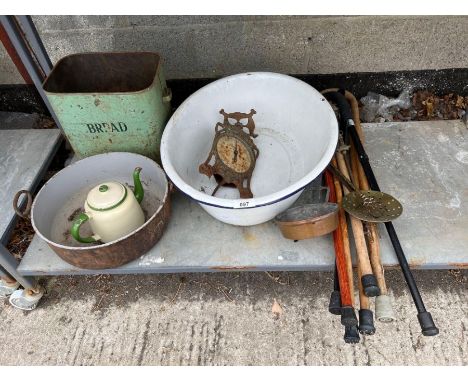 Enamel washtub, bread bin, walking stick and other items