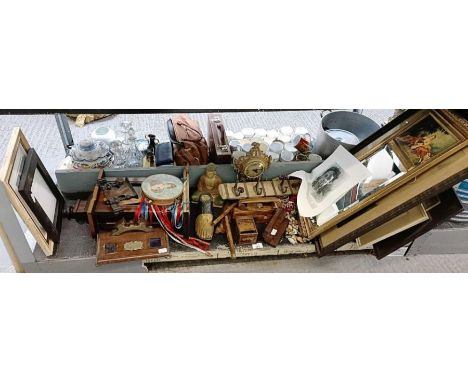Vintage wood planes, cast iron mantle clock, wade miniatures, picture frames and a pier style mirror