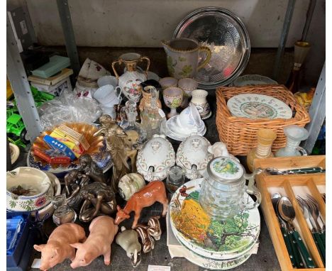 Various items to include collectors plates, bronzed figures of ladies, ceramic animals and other items