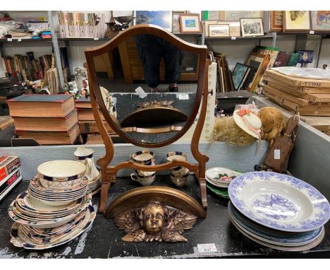 Part shelf of dressing table mirror, gilt cherub wall sconce, miniature brass candlesticks and other items