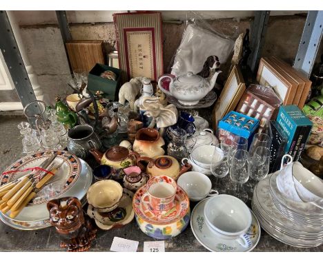 Ceramic thimbles, motto ware, bronzed figures of dolphins and other items 