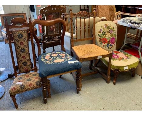 Tapestry upholstered prayer chair along with 3 other chairs