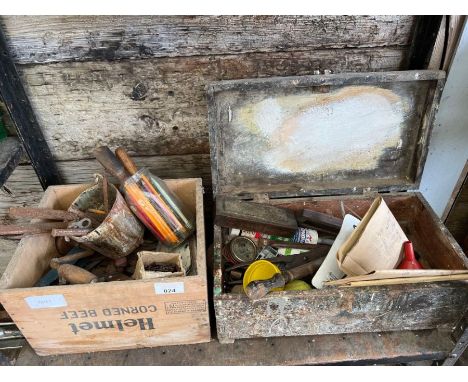 Wooden tool chest including tools along with another crate of tools