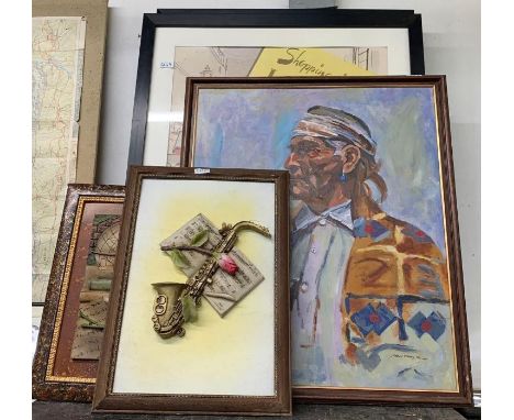 Oil on canvas portrait of a Red Indian along with other framed prints etc
