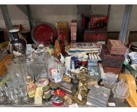 Collectables to include brass soldiers, metronome, carved trinket boxes, glass decanters etc