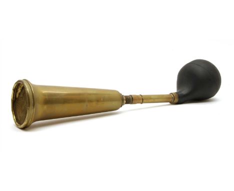 An early brass Lucas car horn , with lead name button ( number perished) , 50cm long
