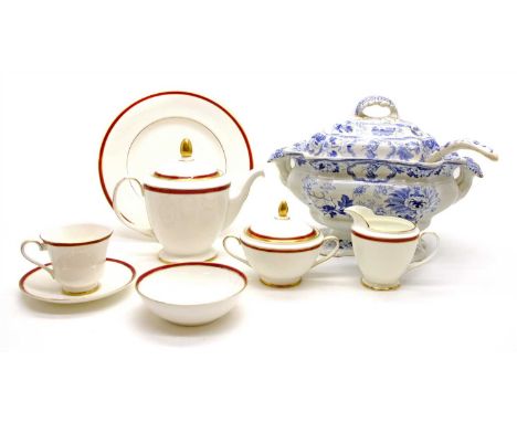 A Minton 'Saturn' pattern dinner and tea service, for six people and a blue and white soup tureen, cover and ladle.