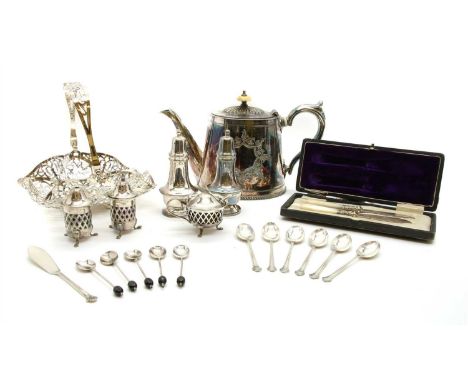 A collection of silver teaspoons, and coffee spoons, together with a quantity of silver plate, cruet set, teapot, butter dish