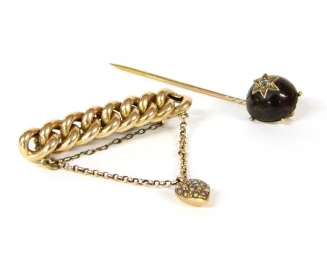 A gold, split pearl and diamond bar brooch, with a curb link bar with a heart shaped drop grain set with split pearls and an 