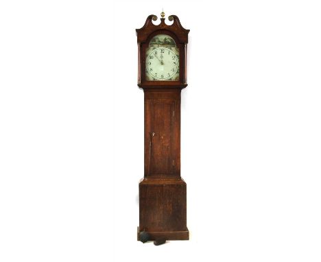 A George III oak 30 hour longcase clock, having white painted arched dial with Arabic numerals and landscape detail, 33.5cm d