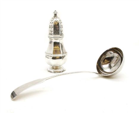 A George IV silver fiddle pattern ladle, maker's mark RT, Glasgow 1821, together with a sugar caster by SW Smith &amp; Co, Bi