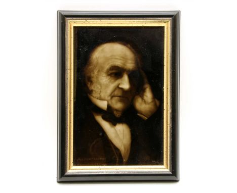 A Sherwin &amp; Cotton portrait tile depicting William Gladstone, from a portrait by S Mendelssohn, framed, tile measures 22.