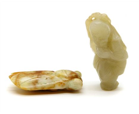 A carved jade cricket , 6cm, and a figure, 6cm (2)