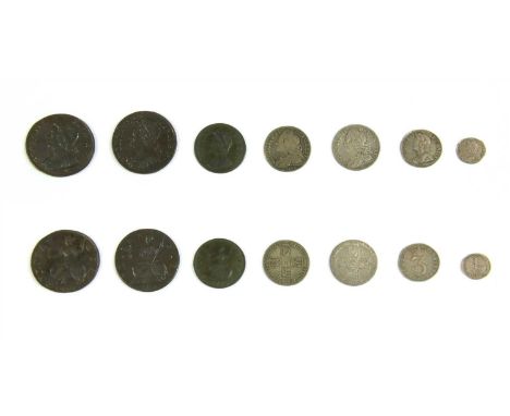 Coins, Great Britain, George II (1727-1760), Penny, 1732, NVF, a 1751 Halfpenny, NVF, a 1739 Farthing, NF, a 1746 'LIMA' Sixp