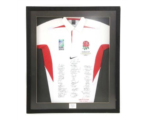 An official England Rugby World Cup 2003 Champion autographed shirt, limited edition number 836/1000, signed in black marker 
