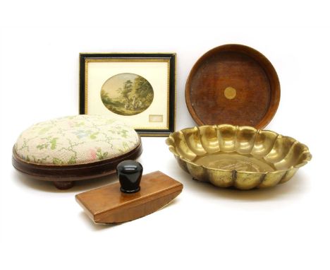 A large mahogany coaster, 28cm diameter, together with a Baxter print, an ink blotter, a brass presentation dish and a footst