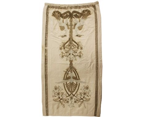 A tapestry hanging, embroidered in gilt thread with exotic birds in a stylised tree. 124cm wide, 206cm high
